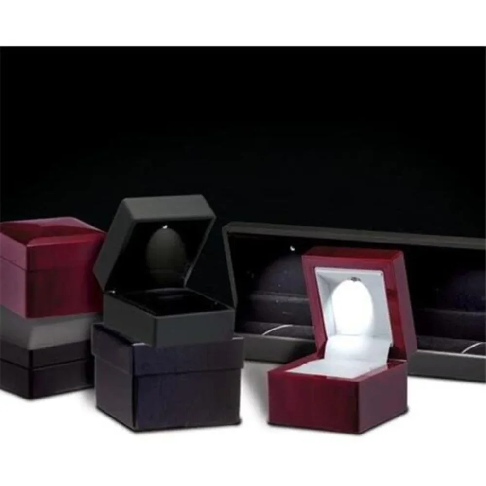 Luxury Mahogany Ring Box with LED Light, Elegant‎ Square Diamond Case,